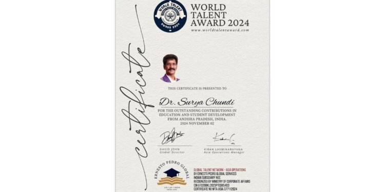 Dr. Surya Chundi: A Visionary Leader Awarded the World Talented Award 2024 for Transformative Education