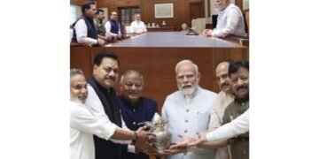 Khatu Shyam Delhi Dham Chief Ghanshyam Gupta Zaveri Presents Holy Kalash to PM Modi