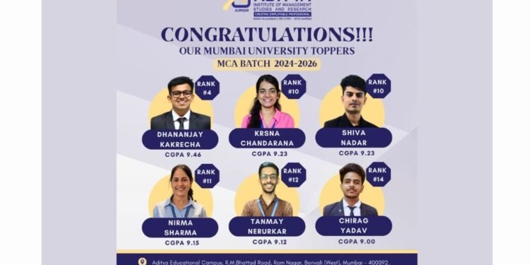 Aditya Institute of Management Studies and Research (AIMSR) Celebrates MCA Student Success with Top University Rankings