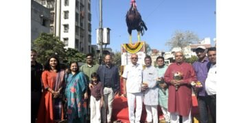 Shri Bahuchar Mata Chowk Renovated at Bhulabhai Park; Rooster Sculpture Made from 2000 kg Waste Metal Unveiled
