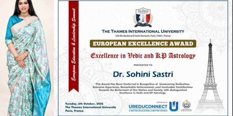 Dr. Sohini Sastri Honoured with the European Excellence Award 2026 for Excellence in Vedic and KP Astrology in Paris
